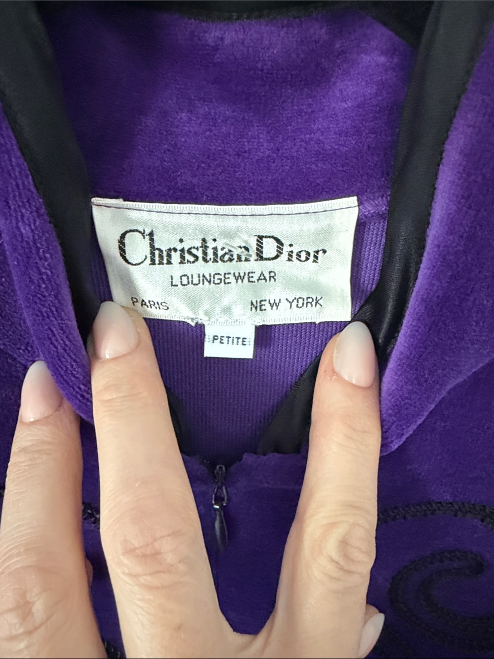 Dior Deep Purple Long Sleeve Velvet sleep gown with Black Embroidery - Picture 3 of 10